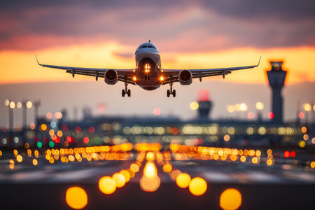 A sleek jet descends toward the tarmac as the sun dips below the horizon, casting warm hues while...