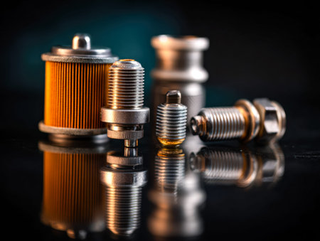 A detailed view of precision-engineered engine parts and sensors gleaming atop a glossy surface,...