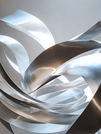 An elegant, curvilinear metal artwork featuring shimmering surfaces that mirror light and...