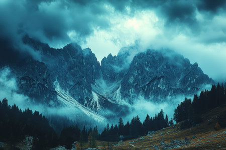 Towering peaks cloaked in swirling clouds overlook a lush, green forest corridor, evoking serenity...