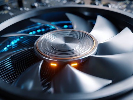 An intricate, high-tech fan featuring sleek metallic blades and vibrant led highlights, evoking a...
