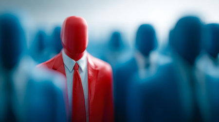 A vibrant red silhouette in formal attire commands attention amid a sea of identical blue figures, embodying confidence and distinction in a corporate landscape.の写真素材