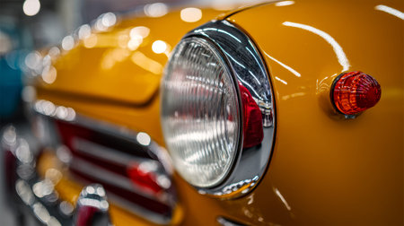 A detailed view showing a classic yellow automobile's front lighting, highlighting bright...