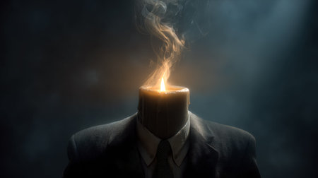 A shadowy figure in a suit stands amidst darkness, his head replaced by a flickering candle, smoke...