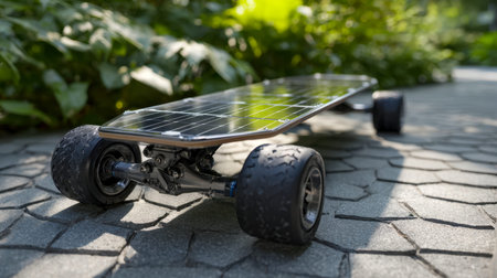 A sleek, sustainable skateboard equipped with solar cells glides along a smooth paved trail,...