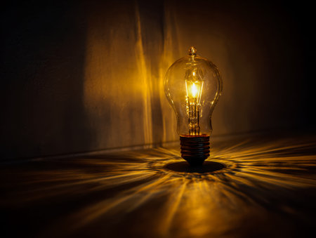 A glowing filament casts a soft, amber glow, forming cozy reflections and intricate shadows that...