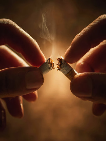 Two hands decisively snap a lit cigarette, capturing a moment of resolve and fresh beginnings, perfect for themes of health, change, and empowermentのeditorial素材