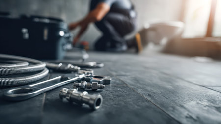 A detailed view of precision tools and machinery arranged on a work surface, with a technician...