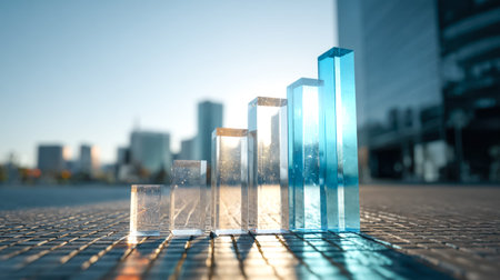 A sleek, transparent display of upward-moving bars against a city skyline backdrop, symbolizing...
