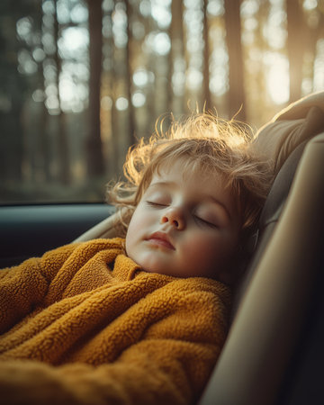 A peaceful young child snoozes peacefully in a car seat, bathed in warm sunset glow amidst lush forest surroundings, evoking serenity and adventure.のeditorial素材