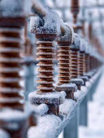 Icy crystals cling to high-voltage insulators, creating intricate patterns against a winter sky,...
