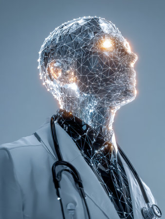 A high-tech healthcare worker illuminated by vibrant data streams and a luminous network pattern, emphasizing innovation and connectivity in modern medicine.の写真素材