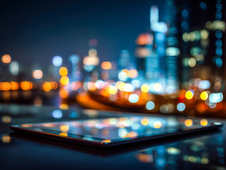 A sleek smartphone rests against a softly illuminated surface, the vibrant cityscape glow reflecting...