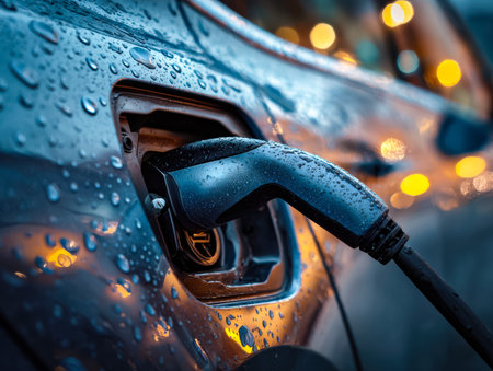 A sleek charging station illuminated amid a rainy evening, with shimmering reflections and...