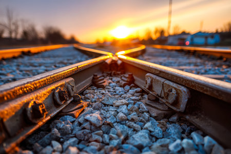 Warm hues fade into the distance as steel rails converge, inviting a sense of journey and reflection beneath a softly blurred horizon.の写真素材