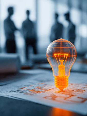 A sleek, glowing filament bulb symbolizes inspiration amid diverse professionals engaged in a...