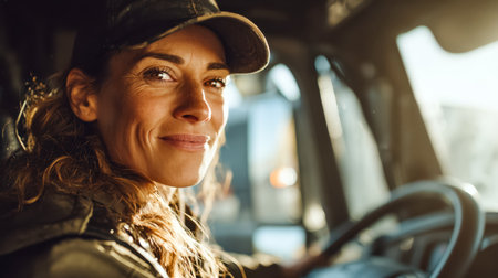 A poised woman glances joyfully through the window as the warm glow of sunset bathes her and the car in a serene, golden light, embodied freedom and self-assurance.のeditorial素材