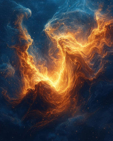 An intense swirl of glowing red, orange, and pink gases amid a deep space canvas, dotted with...