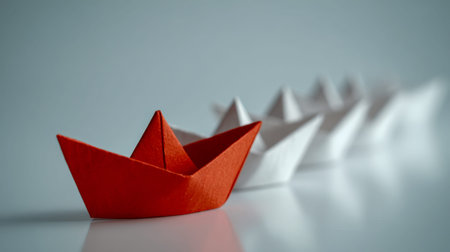 A vibrant red paper vessel guides a row of pristine white boats across a sleek surface, set against...
