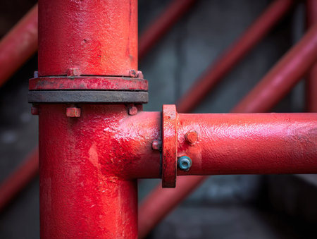 An aged red industrial pipe features prominent bolts and flanges, illuminated by city lights, with a...