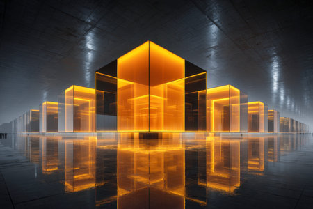An expansive, dark architectural setting features sleek, crystal-clear cubes emitting warm orange...