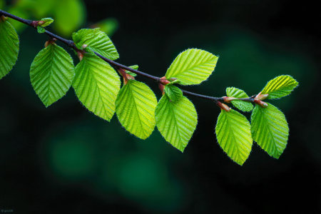 Bright, lively foliage emerges along a delicate branch, set against a shadowy backdrop that evokes...