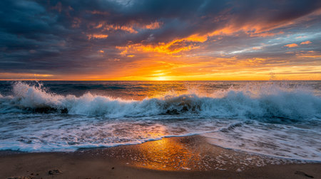 Crimson and azure sky cast fiery reflections on rolling surf, energizing the coastline with lively...