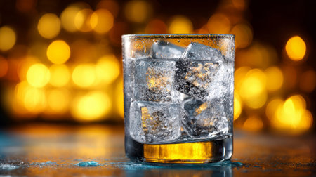 A detailed shot of a chilled drink with shimmering ice, set against a backdrop of soft, amber bokeh...