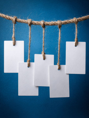 Elegant, minimalistic display featuring five pristine white cards suspended from weathered twine,...