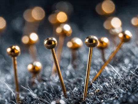 A detailed close-up reveals gleaming golden pins piercing rugged dark fabric, with a shimmering...