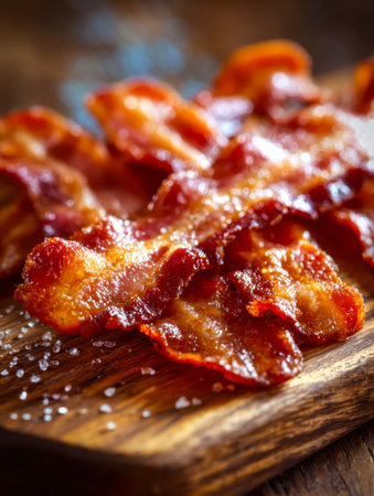 Savory bacon strips glazed with smoky richness, arranged invitingly on a rustic wooden board,...