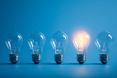 Five transparent bulbs rest on a vibrant blue surface, with a single glowing bulb in the center...