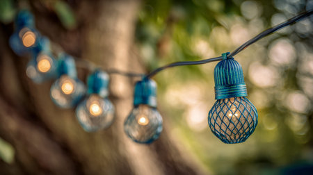 Warm, glowing bulbs drape across lush greenery, creating an enchanting ambiance perfect for cozy...