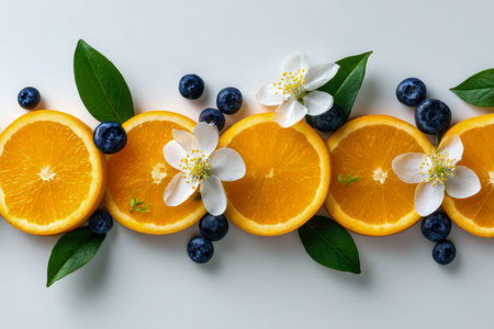 A lively display of ripe orange segments paired with plump blueberries, lush green foliage, and soft...