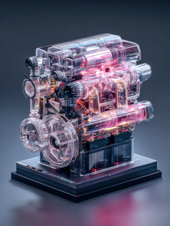 A luminous, crystal-clear mechanical device reveals complex inner workings, blending artistry and...