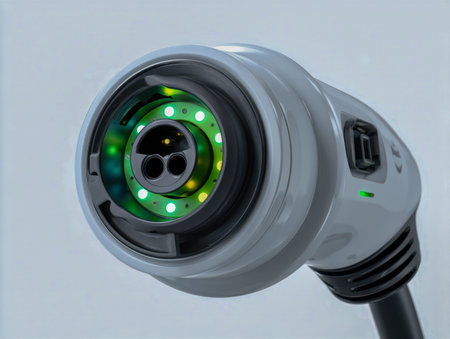 A sleek, futuristic charging port featuring illuminated indicators and streamlined styling,...