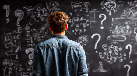 An introspective young man ponders intricate concepts as he studies a chalkboard decorated with thought-provoking questions and detailed sketches, inspiring innovation and refのeditorial素材
