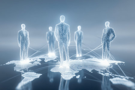 A vibrant depiction of diverse professionals connected via glowing digital nodes and lines,...
