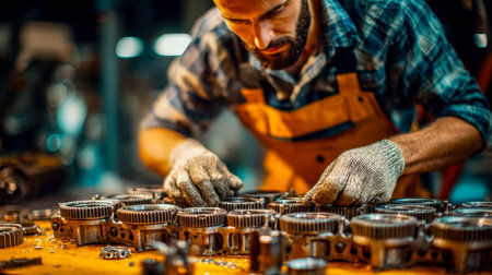 An experienced technician carefully examines intricate machinery parts amid a busy workshop setting, highlighting craftsmanship and precision.のeditorial素材