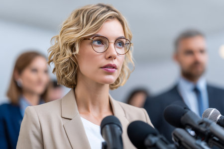 A poised woman wearing glasses addresses the media passionately, framed by multiple microphones and a softly blurred audience behind her at a distinguished gathering.のeditorial素材