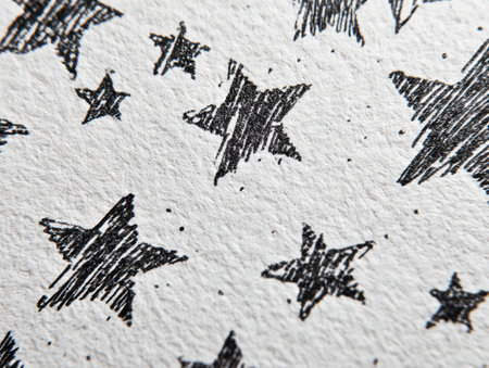 Sketches of uneven black stars in different dimensions adorn textured white surface, offering an...