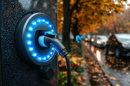 A serene scene of a charging point amidst colorful fall foliage, reflecting on wet pavement, with...