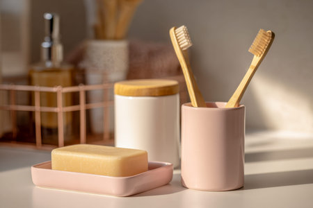 A simple, cozy surface features eco-friendly bamboo brushes nestled in a sleek ceramic container...