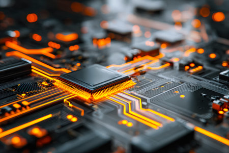 A detailed view of a sleek microcircuit embedded in a cutting-edge electronic platform, illuminated...