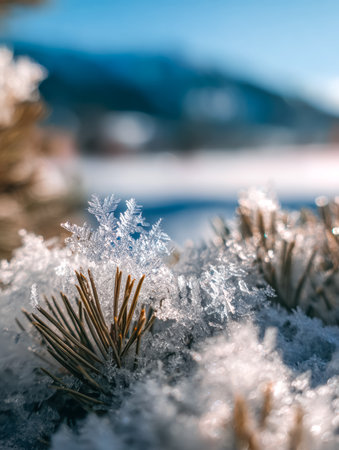 Delicate pine branches encased in shimmering frost and ice, set against a soft-focus winter vista that evokes quiet serenity and chilly elegance.の写真素材