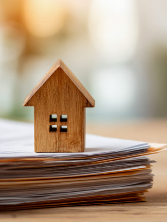 A handcrafted wooden house sits atop a dense stack of paperwork, illuminated by gentle natural...