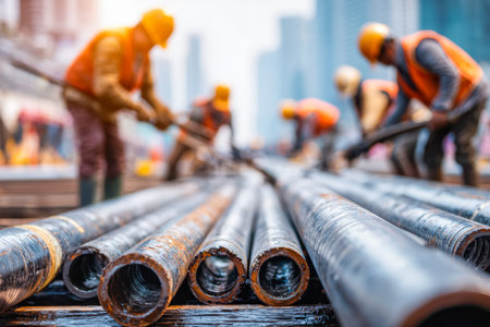 Team of workers carefully lay steel conduits beneath city streets, symbolizing urban progress and...