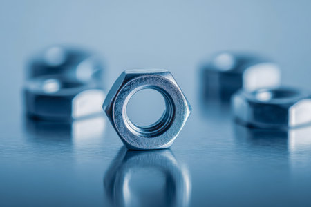A detailed view of a shiny metallic hexagon-shaped fastener amidst an array of similar components,...