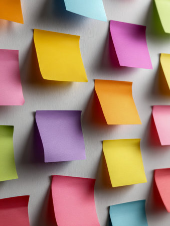 A vibrant mosaic of blank notes scattered across a textured white wall, inspiring spontaneous ideas...