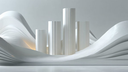 A sleek modern space with elegant white wave-like forms enclosing slender tower-like pillars,...